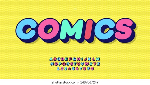 Vector aVector comics 3d bold font colorful style for event, banner, infographics, motion graphic, party poster, book, music, t shirt, flyer, decoration, printing, industrial. Cool typeface. 10 eps