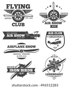 Vector aviation badges, avia club emblems, airplane logos set. Retro plane with propeller, airshow label emblem illustration