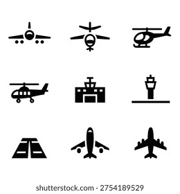 Vector aviation featuring airport transportation and infrastructure icons. Scalable design suitable for various applications. Scalable vector format suitable for print and digital media.