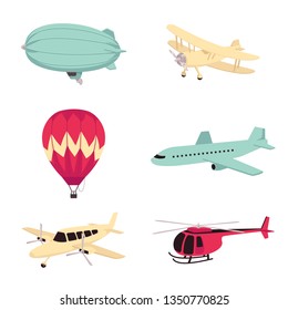 Vector aviation transportation aircrafts set. Vintage dirigible airship or zeppelin, propeller plane, modern passenger airliner, hot air balloon and helicopter. Isolated illustration