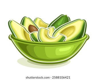 Vector Avocado Bowl, horizontal decorative poster with cartoon design cut avocado still life composition, outline illustration of group chopped avocado parts in green dish on white background