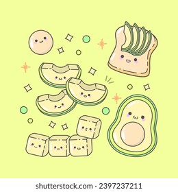 Vector Avocado Bread Slice Fruit with cute facial expressions and pastel colour