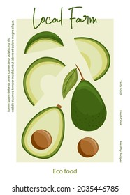 Vector avocado cartoon illustration for local farm market banner template. Healthy organic avocados with leaves and slices for autumn farm market design.