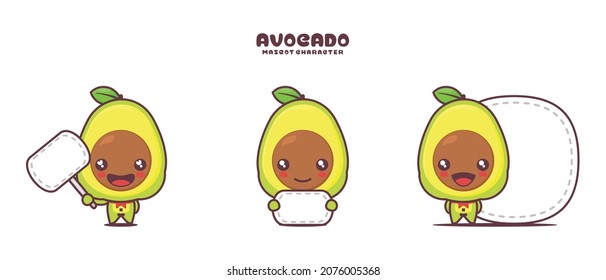vector avocado cartoon mascot, with blank board banner, isolated on a white background.