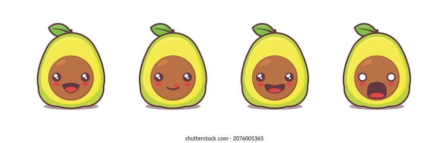 vector avocado cartoon mascot, with different facial expressions. suitable for icons, logos, menus, prints, labels, stickers, etc.