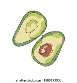 Vector avocado food icon. Continuous one line drawing. Avocado illustration in flat minimalism style. Cut avocado on white background.