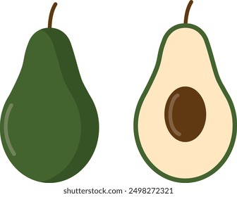 Vector avocado food icon. Avocado fruit whole and half. Avocado illustration in flat minimalism style.