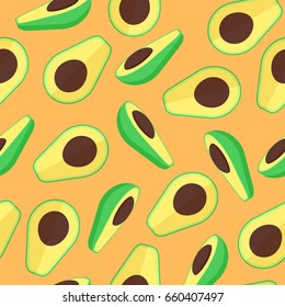 Vector avocado fruit seamless pattern in flat style on the orange background