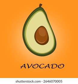 Vector avocado. Green half of a delicious avocado, beautiful inscription, orange pattern background, brown living stone. Realism style. Design is designed for postcards, book covers, websites, print, 