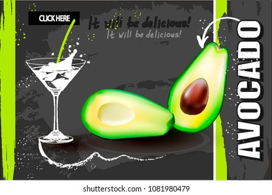 Vector avocado. Half of an avocado with a bone.Party with a cocktail. A picture for price tags, advertising posters, leaflets.