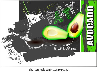 Vector avocado. Half of an avocado with a bone.Party with a cocktail. A picture for price tags, advertising posters, leaflets.