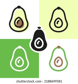 Vector avocado icon in five different styles and colors. Logo. Healthy food, vitamins. Vegetarianism, veganism. Green fruit for salads.