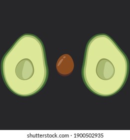 Vector avocado icon isolated on black background. Simple modern flat illustration. Two half of avocado Hass and seed. Different green colors.