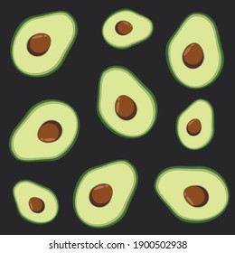 Vector avocado icon isolated on black background. Simple modern flat illustration. Many avocado Hass. Different green colors.
