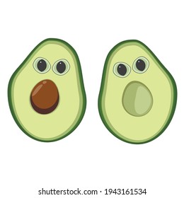 Vector avocado icon isolated on white background. Simple modern flat illustration. Two half of avocado Hass with eyes. Different green colors.