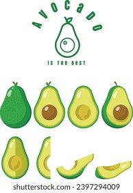  Ilustración del vector aguacate: Variaciones de frutas enteras, reducidas a la mitad y cortadas con un elegante logo - Grafito aguacate fresco y lúcido para conceptos culinarios, nutricionales y de promoción de marca