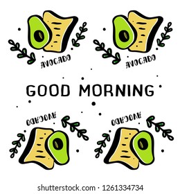 Vector avocado label, package, napkin. Hand drawn illustration avocado "Good morning". Concept for organic vegetarian food. Vector illustration EPS 10

