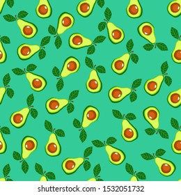 Vector avocado and leaf seamless pattern for print, fabric and organic, vegan, raw products packaging. Vector texture for eco and healthy food. Seamless vector pattern with fruits avocado.