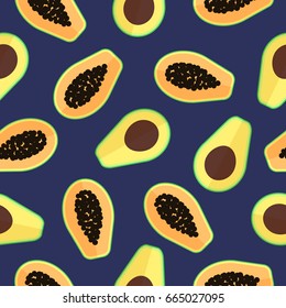 Vector avocado and papaya exotic fruit seamless pattern on the blue background