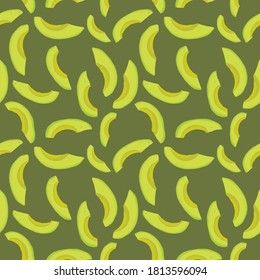 Vector avocado rinds seamless pattern green background. Perfect for textile design, fashion print, paper backgrounds and print on demand.
