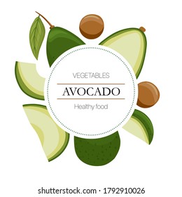 Vector avocado round label with text space. Fresh avocado slices round background in cartoon style for autumn farm market design.