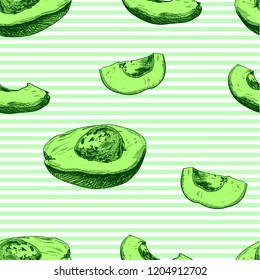Vector Avocado Seamless Pattern, Colorful Striped Background, Green and White Stripes.