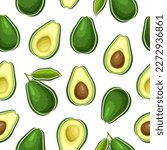 Vector Avocado Seamless Pattern, decorative repeating background with cut out illustration of ripe avocado with green leaves for wrapping paper, group of flat lay oily avocado fruits for home interior