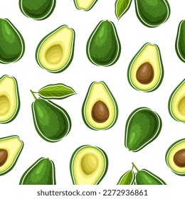 Vector Avocado Seamless Pattern, decorative repeating background with cut out illustration of ripe avocado with green leaves for wrapping paper, group of flat lay oily avocado fruits for home interior