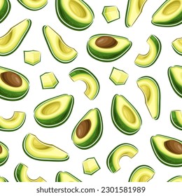 Vector Avocado Seamless Pattern, decorative repeating background with cut out illustration of ripe chopped avocado with skin for wrapping paper, group of flat lay oily avocado fruits for home interior