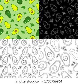 Vector avocado seamless texture. Avocados pattern collection. Green avocado background set