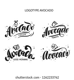 Vector avocado set doodles calligraphy. Hand drawn illustration icon and sticker. Concept for organic vegetarian food. Vector illustration EPS 10