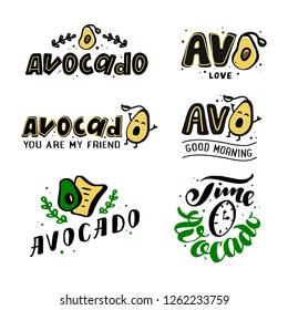 Vector avocado set doodles. Hand drawn illustration icon and sticker. Concept for organic vegetarian food. Vector illustration EPS 10

