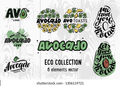 Vector avocado set doodles. Hand drawn illustration icon and sticker. Concept for organic vegetarian food. Vector illustration EPS 10

