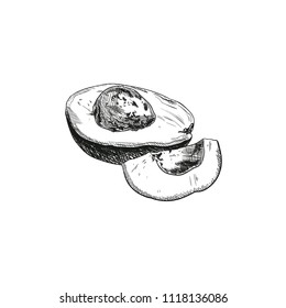 Vector Avocado Sketch, Outline Black Chalk Drawing Isolated on White Background Healthy Meals, Vegetable Fats.
