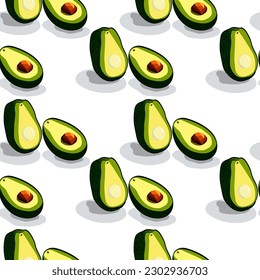 Vector of an avocado sliced in half on a plain white background. seamless pattern background.