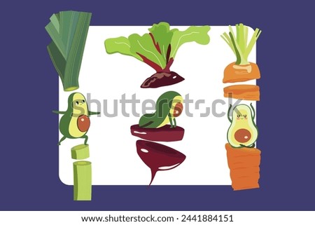 Vector avocado yoga illustration, cartoon vegetable characters collection, World Health Day