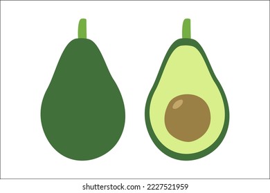 Vector avocados illustration. Whole and cut avocado isolated on white background.
