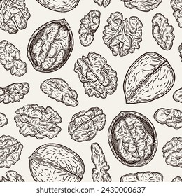 Vector awalnut hand-drawn seamless pattern or background. Walnut kernels and shells