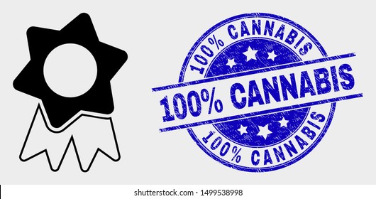 Vector award badge icon and 100% Cannabis watermark. Red rounded grunge watermark with 100% Cannabis caption. Vector combination in flat style. Black isolated award badge symbol.