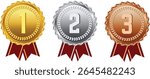Vector award medals set. Gold, silver and bronze award medals with red ribbon vector illustration on white background. Realistic badge of honor.