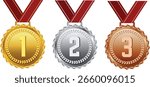 Vector award medals set. Gold, silver and bronze award medals with red ribbon vector illustration on white background. Realistic badge of honor.