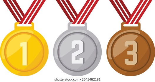 Conjunto de medalhas de prêmio vetorial. Medalhas de ouro, prata e bronze com ilustração de vetor de fita vermelha sobre fundo branco. Realista distintivo de honra.