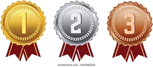 Conjunto de medalhas de prêmio vetorial. Medalhas de ouro, prata e bronze com ilustração de vetor de fita vermelha sobre fundo branco. Realista distintivo de honra.