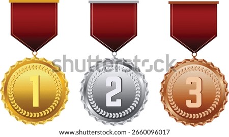 Vector award medals set. Gold, silver and bronze award medals with red ribbon vector illustration on white background. Realistic badge of honor.