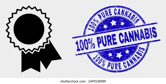 Vector award seal icon and 100% Pure Cannabis seal stamp. Red rounded distress seal stamp with 100% Pure Cannabis caption. Vector composition in flat style. Black isolated award seal pictogram.