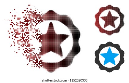 Vector award star seal icon in fractured, dotted halftone and undamaged solid versions. Disappearing effect uses square sparks and horizontal gradient from red to black.