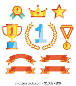 Vector awards collection. Set of symbols of high achievements and ribbons for decoration isolated on white. Sport or business success signs.