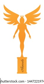 Vector Awards. Golden woman figurine silhouette with wings. Isolated on white background