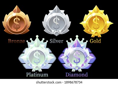 Vector awards medals dolllar gold, silver, bronze, platinum and diamond. Set of isolated currency medals.