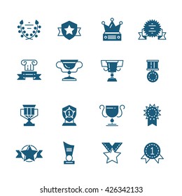 Vector awards, prizes and trophy black signs. Prize cup or goblet and prize achievement illustration